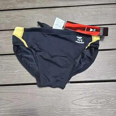 TYR Boy's Men's Durafast Titan Splice Swim Racer Brief Black/Gold SZ 28 New - Image 1 of 4