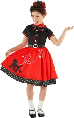 Girls Poodle Skirt Costume Kids 1950s Red Roll N Roll Sock Hop Dress S - XL - Image 1 of 4