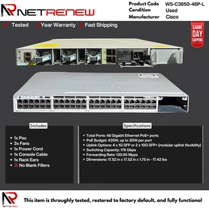 Conmutador PoE Gigabit de 48 puertos Cisco WS-C3850-48P-L Catalyst 3850 - Imagen 1 de 1