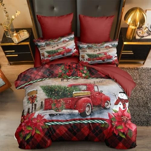 Juego de edredón de plumón de Navidad tamaño rojo Navidad coche rey camión rojo Foto 1 de 4