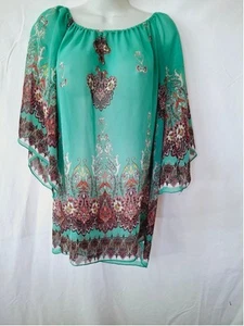 R. Rouge Size L Green Multi-color Floral sheer bohemian vacay resort beach top - Picture 1 of 3