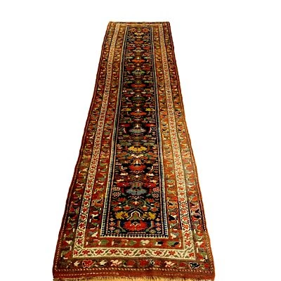 Alfombra Bidjar Kurda 3x12 Antigua 100% Lana C. 1910 Azul Marino Dorado Verde Carmesí Foto 1 de 4