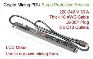 LCD Metered Crypto Mining PDU 240V 30A 6 ft L6-30P 8xC13 Breaker Surge Protect - Picture 1 of 6