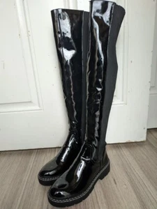 River Island Amsterdam Womens Black Long Patent Knitted Over the Knee Boots - Picture 1 of 15