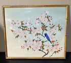Vintage Bluebird on Cherry Blossom Branch Painting on Fabric - 14.5? X 17.25?