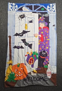 Vtg Halloween Welcome Fall Fabric 33x50 Witch Pumpkin Children Classroom Cat Bat - Picture 1 of 8