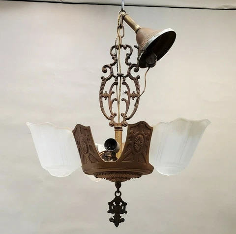 Antique Art Deco Five Light Chandelier, M.E.P. MEP Inc, Cast Iron, Bronze Finish Cover
