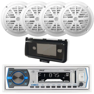 Pyle 1DIN Boat MP3 USB Boat Radio Receiver, 4x 6.5" Speakers, Stereo Cover - Image 1 of 4