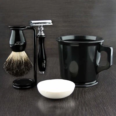 Kit de afeitado de 5 piezas DE maquinilla de afeitar de seguridad, cepillo de pelo de tejón negro, soporte, juego de jabón y taza - Imagen 1 de 4