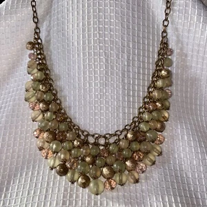 Statement Necklace Pink, Green & Gold Tones Chainmail Glass Metal Bead Bib EUC - Picture 1 of 7