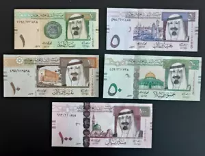 More details for saudi arabia 1, 5 10 50 100 riyals (5 pieces set), king abdullah  unc