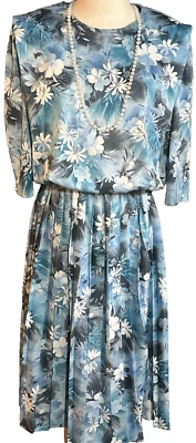 Vestido Floral Azul Vintage Para Mujer Años 80 Dorado Niñas Talla 12 Abuela Perla Foto 1 de 4