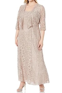 Alex Evenings Women's Plus Size 18W two Piece Set Long Dress & Jacket Buff - Picture 1 of 8