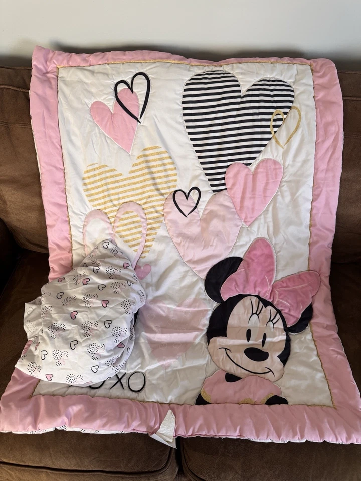 Disney Minnie Mouse Corazones Puntos Juego de 3 Piezas Cuna Ropa de Cama Nuevo Rosa Blanco Foto 1 de 1