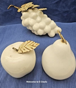 Rustic Farmhouse Decor Fruit White Glaze Ceramic Apple Grapes Pear Set of 3 - Picture 1 of 12
