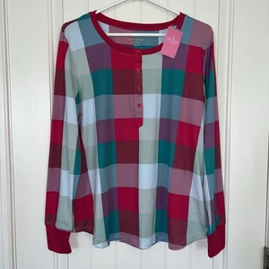 Kate Spade Womens Large Tartan Rainbow Plaid Jersey Pajama Top Long Sleeve NEW - Picture 1 of 10