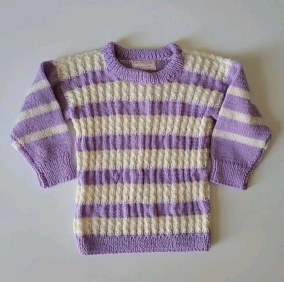 Suéter Vintage Hecho a Mano a Rayas Tejido con Cable Cuello Redondo Niñas 4T Crema Lavanda Foto 1 de 4