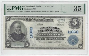 1902 PB Engineers NB of Cleveland, OH $5 NBN Ch#11862 Graded PMG 35 (57208) - Picture 1 of 2