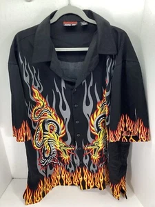 Level Ten Cabana Shirt Men Size XL Black Button Dragons Flames Short Sleeve - Picture 1 of 16