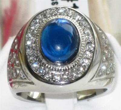 Mens sapphire ring blue oval cz stainless steel pinky signet mans silver new 371 - Image 1 of 3