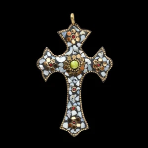 Pearl, Onyx & Red Coral Gemstone Tibatan Handmade Cross Pendant 4.4'' - Picture 1 of 1