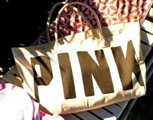 Victoria's Secret PINK Oversized CANVAS TOTE Zip Travel Beach BAG Beige Logo NWT - Picture 1 of 5