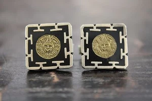 Gemelos Alpaca/Níquel Aleación Plata Diseño Oblea Latón Azteca Dios Sol México Usados en Excelente Condición - Imagen 1 de 10