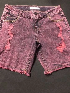 Bullhead Short Women/Distressed Sz.7-Cotton Bl/Red/Black Denim-acid Wash-M.Rise - Picture 1 of 12