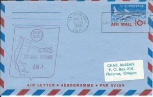 First Jet Airmail Flight San Francisco CA AMF - LA March 1 1960 AAMC#J466Sf - Picture 1 of 1