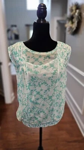 Loft Sleeveless Green And White Print Sheer Overlay Top With Connected Tank... - Picture 1 of 3