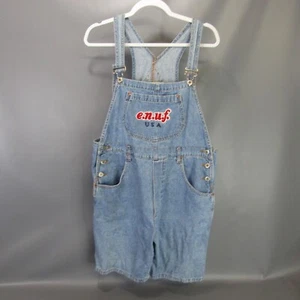 E.N.U.F. Denim Overalls Shorts Embroidered Logo Vintage 90s Style Women's L - Picture 1 of 13