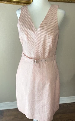 J. Crew Pink White Seersucker Pinstripe Belted Dress Size 4 Sleeveless V-Neck - Image 1 of 4