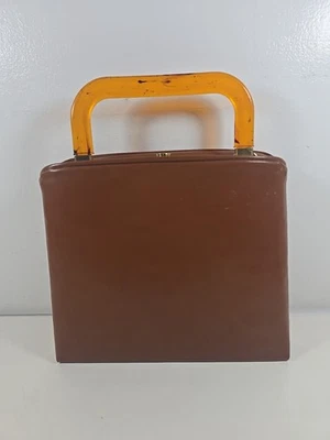 Vintage 1960's Dover Brown Faux Leather Frame Handbag –Lucite Handle Foto 1 de 4