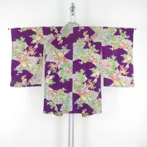 Antico kimono Haori seta nuvole e fiori viola 33,5 pollici donna - Foto 1 di 13