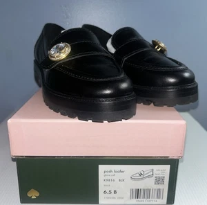 Mocasines Kate Spade Posh Negro Joya Sin cordones Cuero Tacón Apilado 6.5B con Caja - Imagen 1 de 9