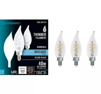 Ecosmart 40 Watt LED Dimmable DAYLIGHT Clear Glass Candelabra Bulbs 3 X (3 Pack) - Image 1 of 4