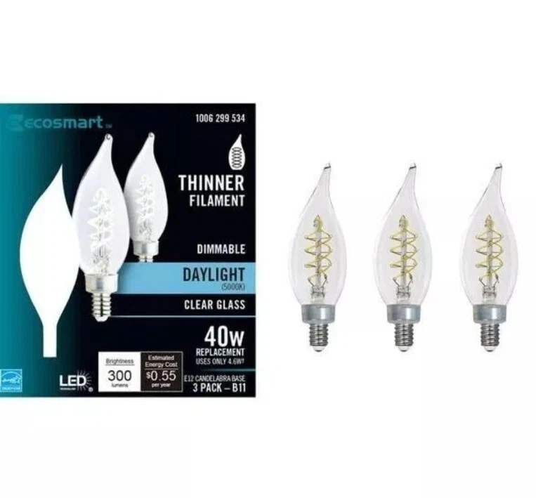 Ecosmart 40 Watt LED Dimmable DAYLIGHT Clear Glass Candelabra Bulbs 3 X (3 Pack) - Image 1 of 4