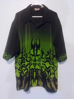 Vtg Dragonfly Clothing Men's XXXL Black Green Tribal Flames Button Up Shirt Y2K - Image 1 of 4