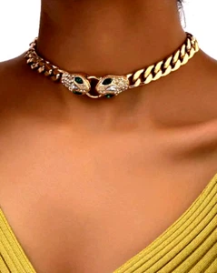 Snake Necklace Choker Women Animal Jewelry Green Crystal Eyes Party Goth Gold - Picture 1 of 6