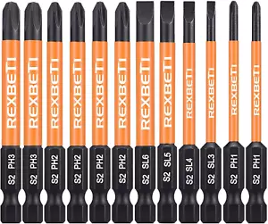 12-Piece Magnetic Slotted Phillips Screwdriver Bit Set, 1/4" Hex Shank - Picture 1 of 12