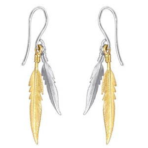 Damen Ohrringe Feder hängend Gold Ohrhänger 925 Silber vergoldet bicolor - Bild 1 von 3