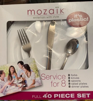 Juego de vajilla de fiesta de plástico Mozaik de 40 piezas blanco/plateado servicio para 8 nuevo en caja Foto 1 de 2
