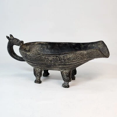 Antique China Shang Dynasty Bronze Dragon Beast Handle Cup Pouring vessel 9"x3.5 - Image 1 of 4