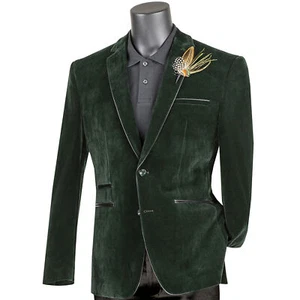 VINCI Men's Emerald Green Velvet 2 Button Slim Fit Blazer w/ Leather Trim NEW