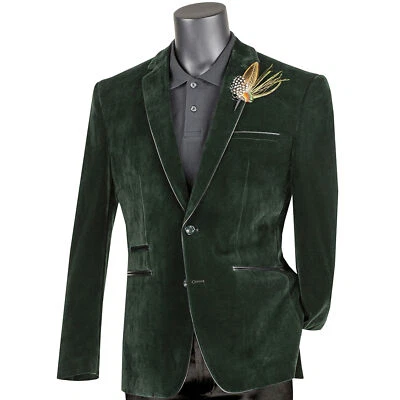 Blazer VINCI Para Hombre Verde Esmeralda Terciopelo 2 Botones Calce Ajustado con Borde de Cuero NUEVO Foto 1 de 3