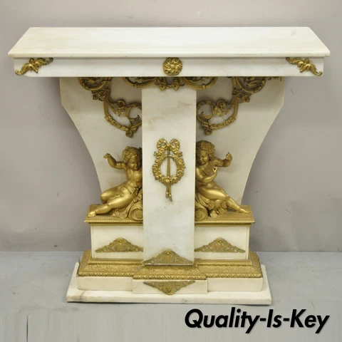 French Louis XV Style Marble and Bronze Ormolu Console Table with Cherubs Cover