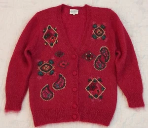 Vintage 1992 Susan Bristol Mohair Sweater Cardigan Embroidered Womens M Acrylic - Picture 1 of 11