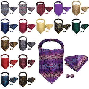Men's Ascot Cravat Tie Paisley Floral Check Hanky Cufflinks Set Wedding Formal - Picture 1 of 138