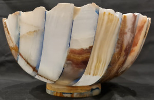 NATURAL BLUE PATCH MARBLE HAND CARVED TOP CUT BOWL, DIAMETER = 10", HEIGHT = 5''