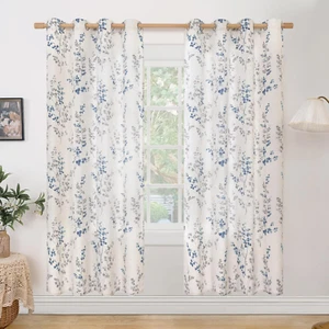 Navy Floral Leaf Linen Curtains, 72" Length, 2 Panels for Living Room - Picture 1 of 10